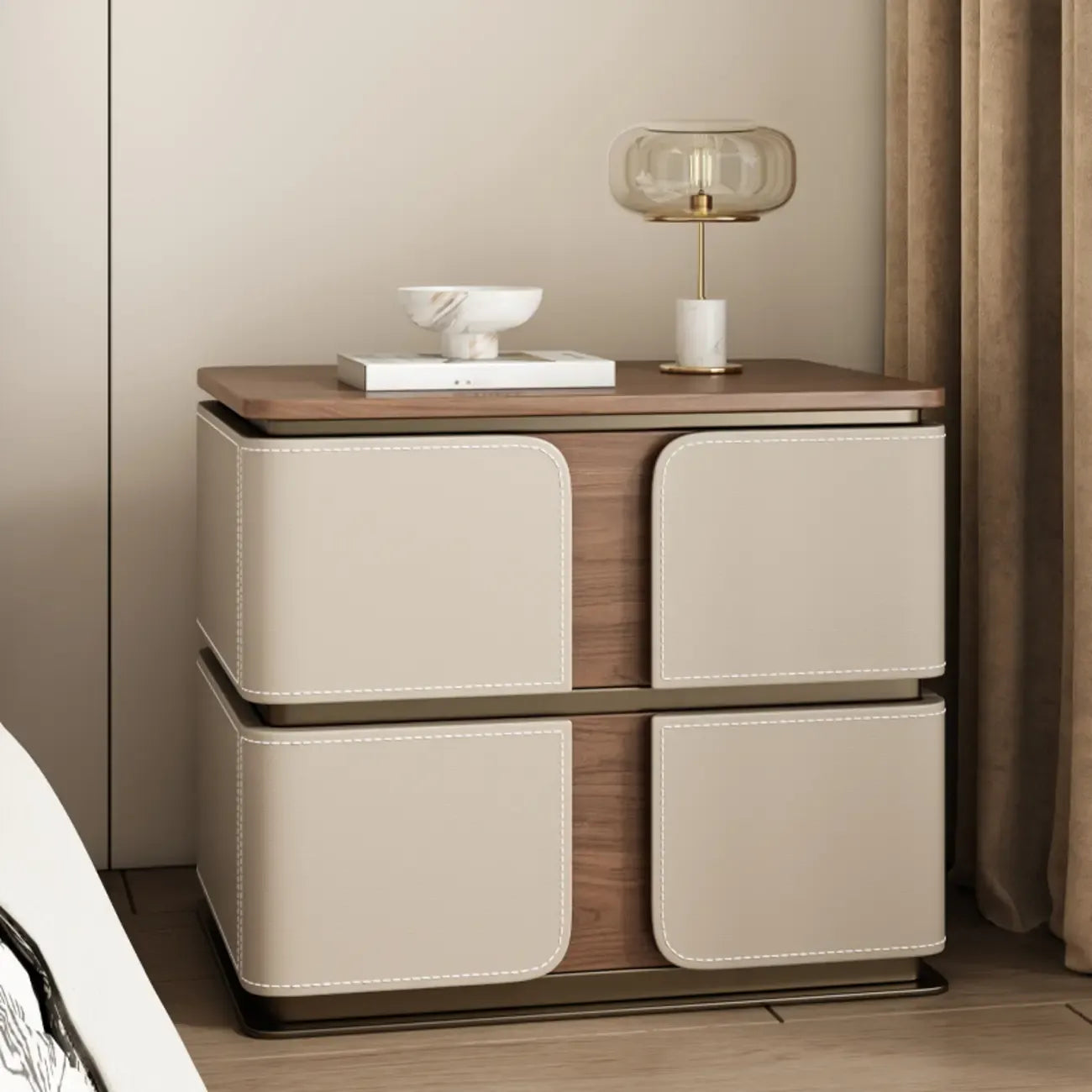 Art Deco Wood Top 2 Drawer Storage Nightstand