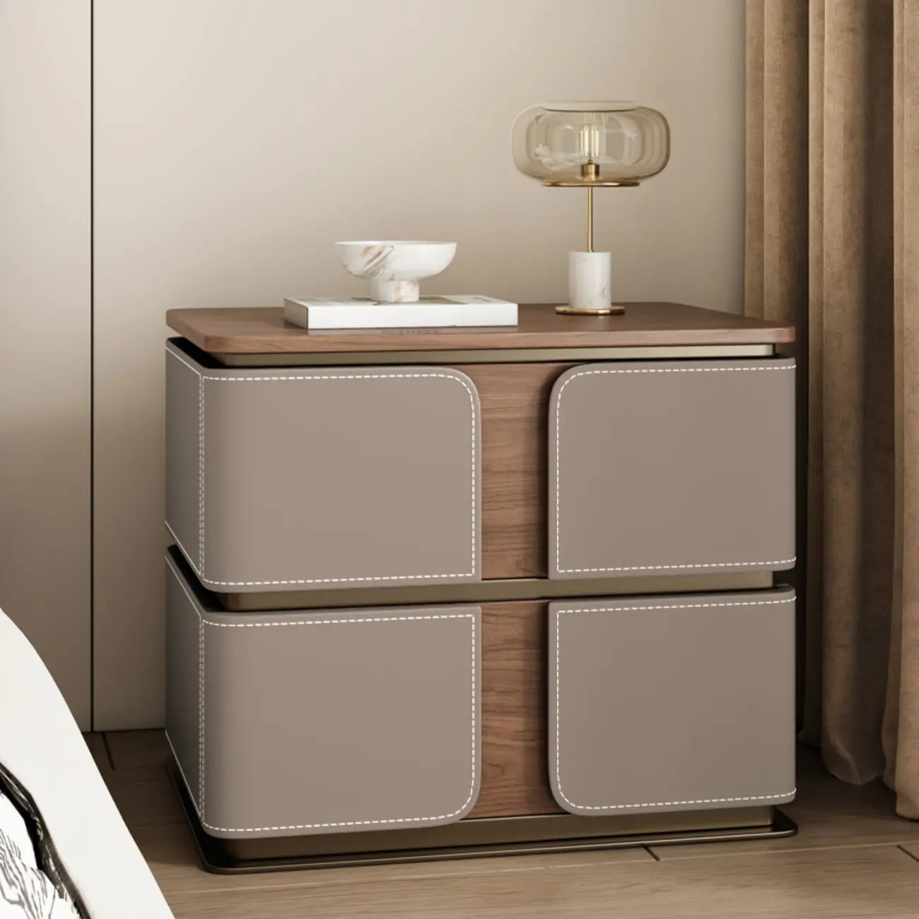 Art Deco Wood Top 2 Drawer Storage Nightstand