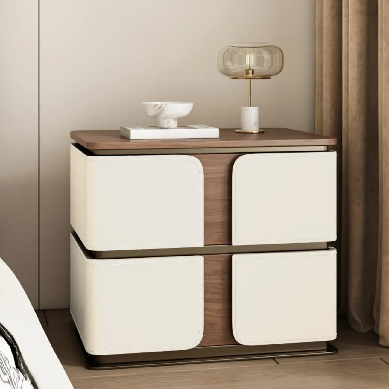 Art Deco Wood Top 2 Drawer Storage Nightstand