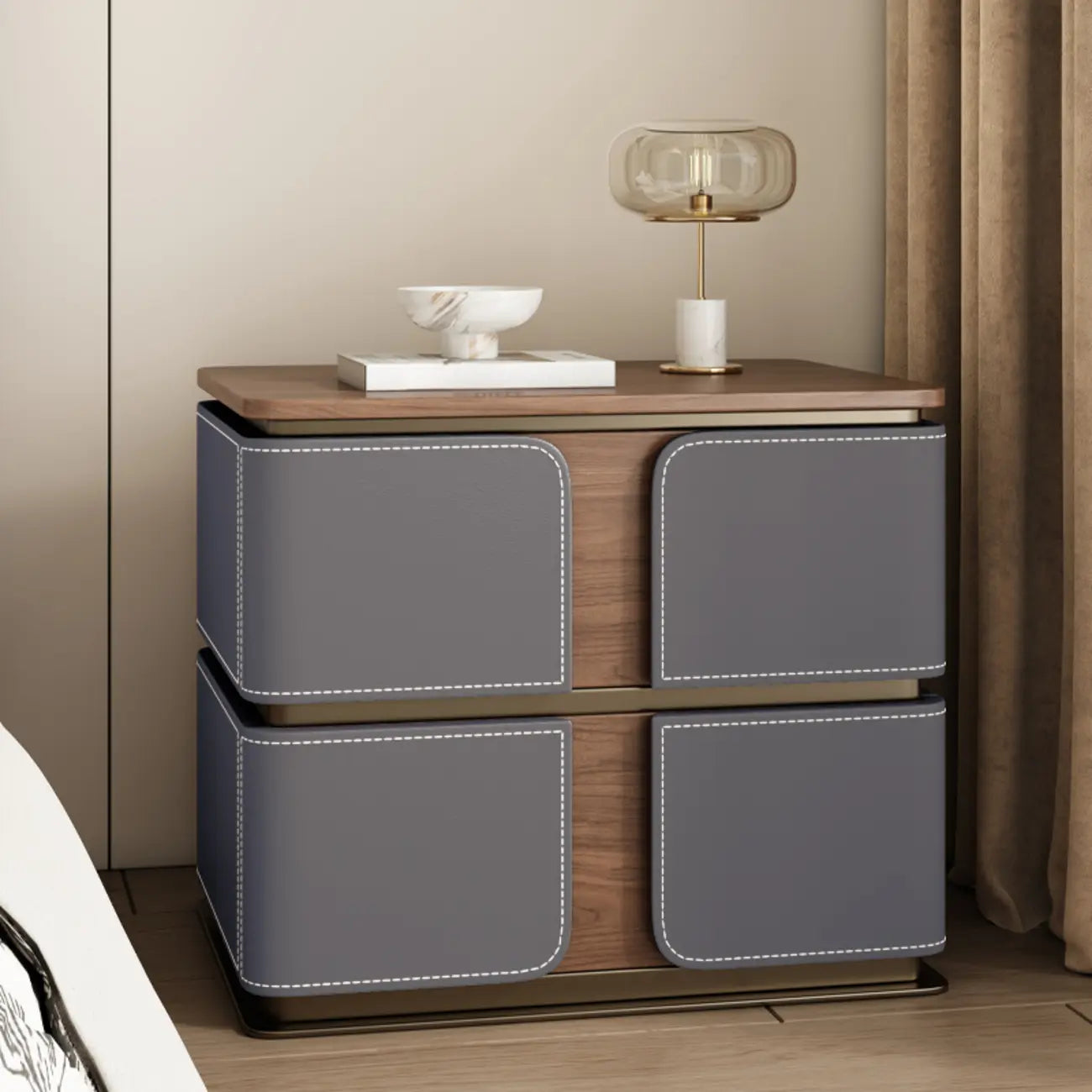 Art Deco Wood Top 2 Drawer Storage Nightstand