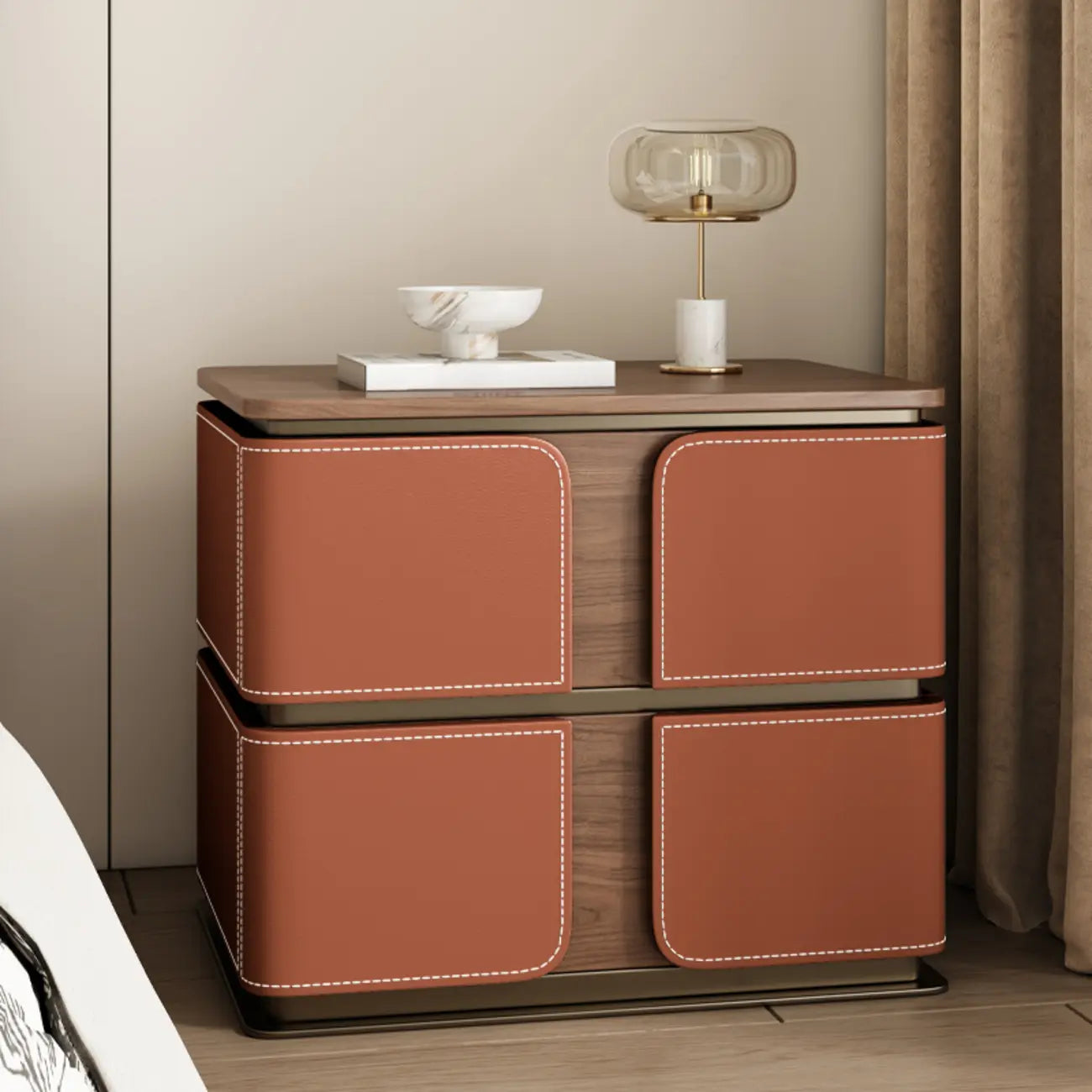 Art Deco Wood Top 2 Drawer Storage Nightstand