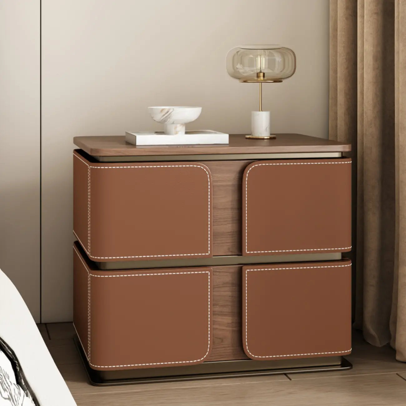 Art Deco Wood Top 2 Drawer Storage Nightstand