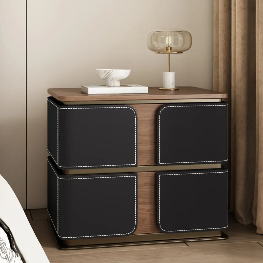 Art Deco Wood Top 2 Drawer Storage Nightstand