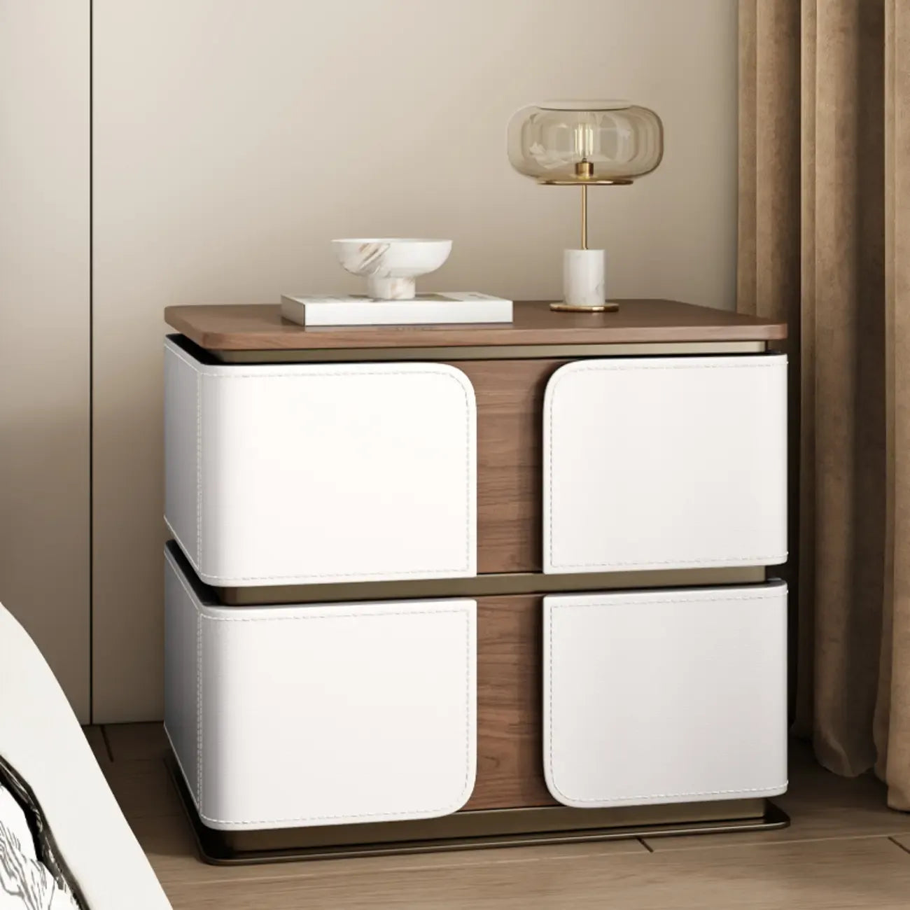 Art Deco Wood Top 2 Drawer Storage Nightstand