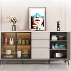 Modern Wood Buffet with Glass Doors Stone Top