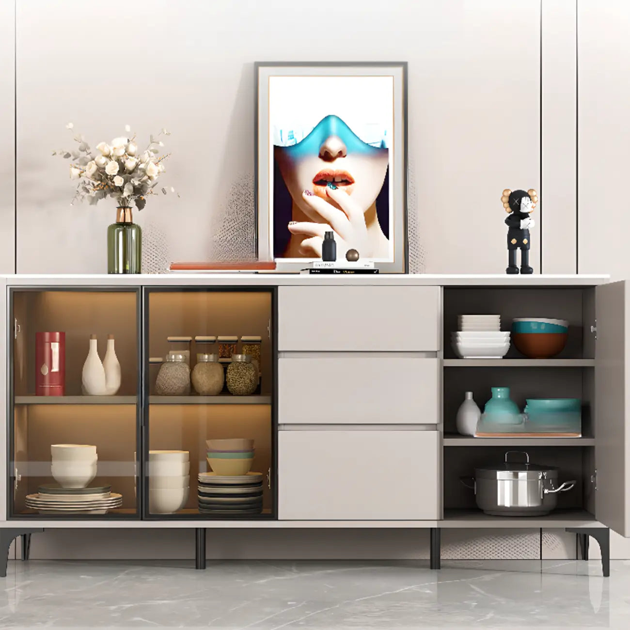 Modern Wood Buffet with Glass Doors Stone Top