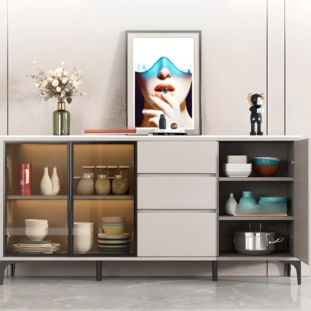 Modern Wood Buffet with Glass Doors Stone Top