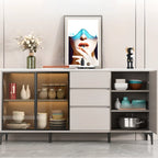 Modern Wood Buffet with Glass Doors Stone Top