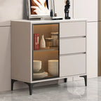 Modern Wood Buffet with Glass Doors Stone Top