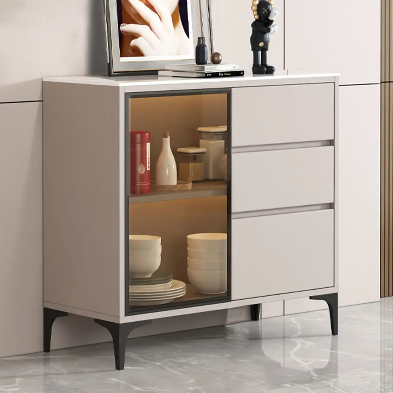 Modern Wood Buffet with Glass Doors Stone Top