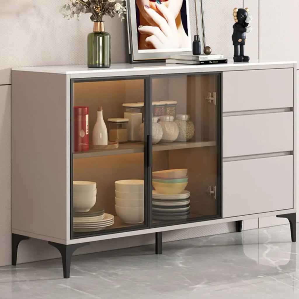 Modern Wood Buffet with Glass Doors Stone Top