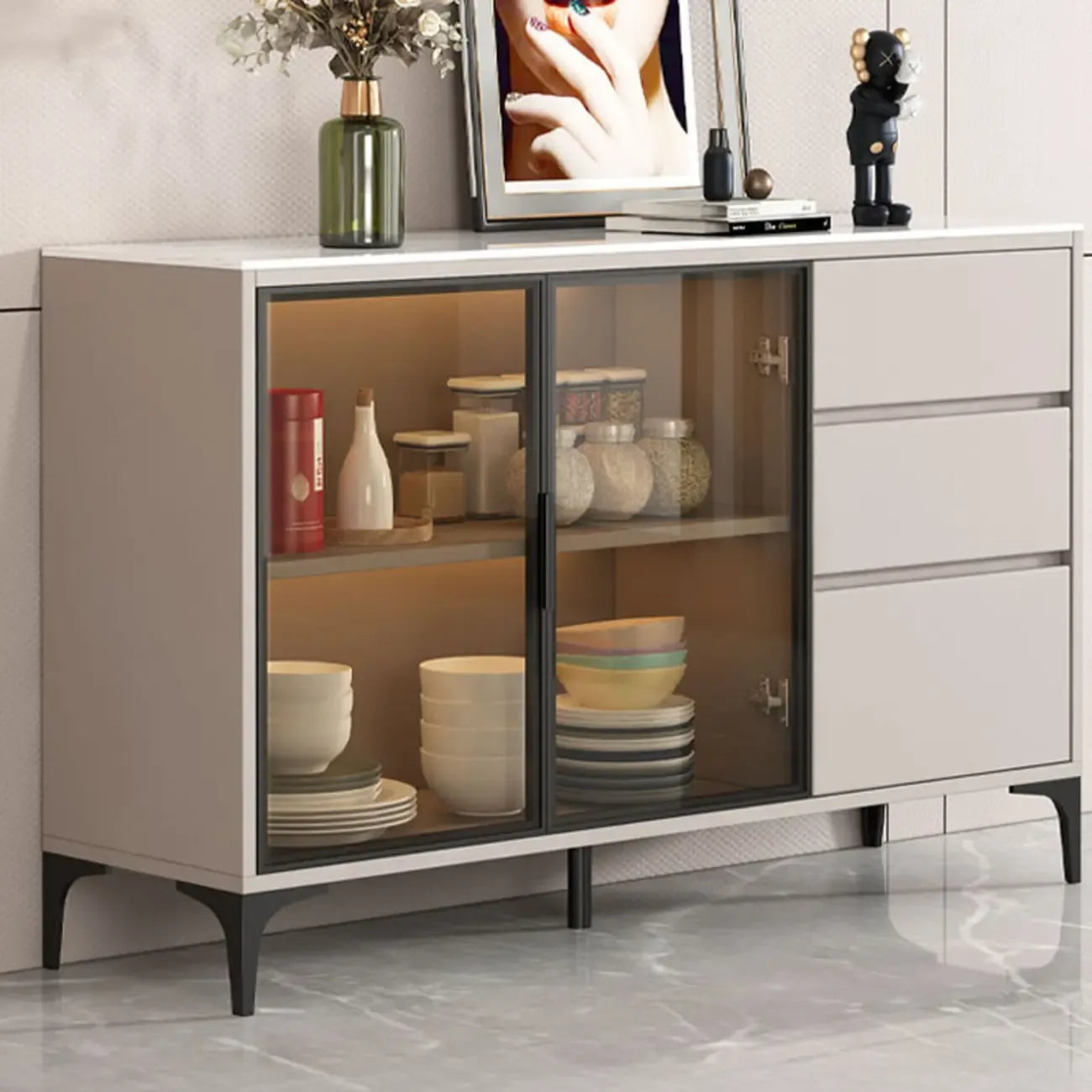 Modern Wood Buffet with Glass Doors Stone Top