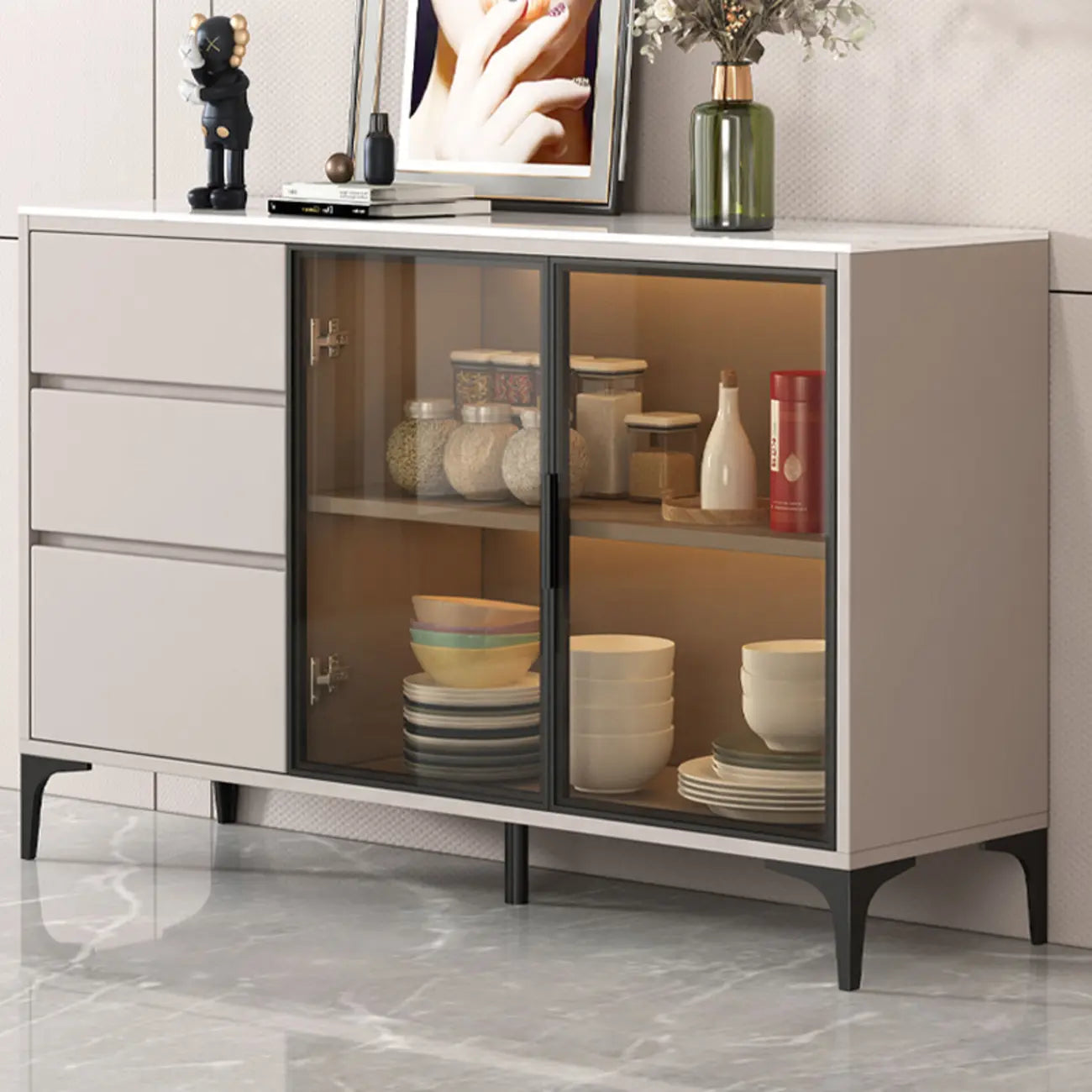 Modern Wood Buffet with Glass Doors Stone Top