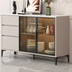 Modern Wood Buffet with Glass Doors Stone Top