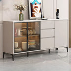 Modern Wood Buffet with Glass Doors Stone Top
