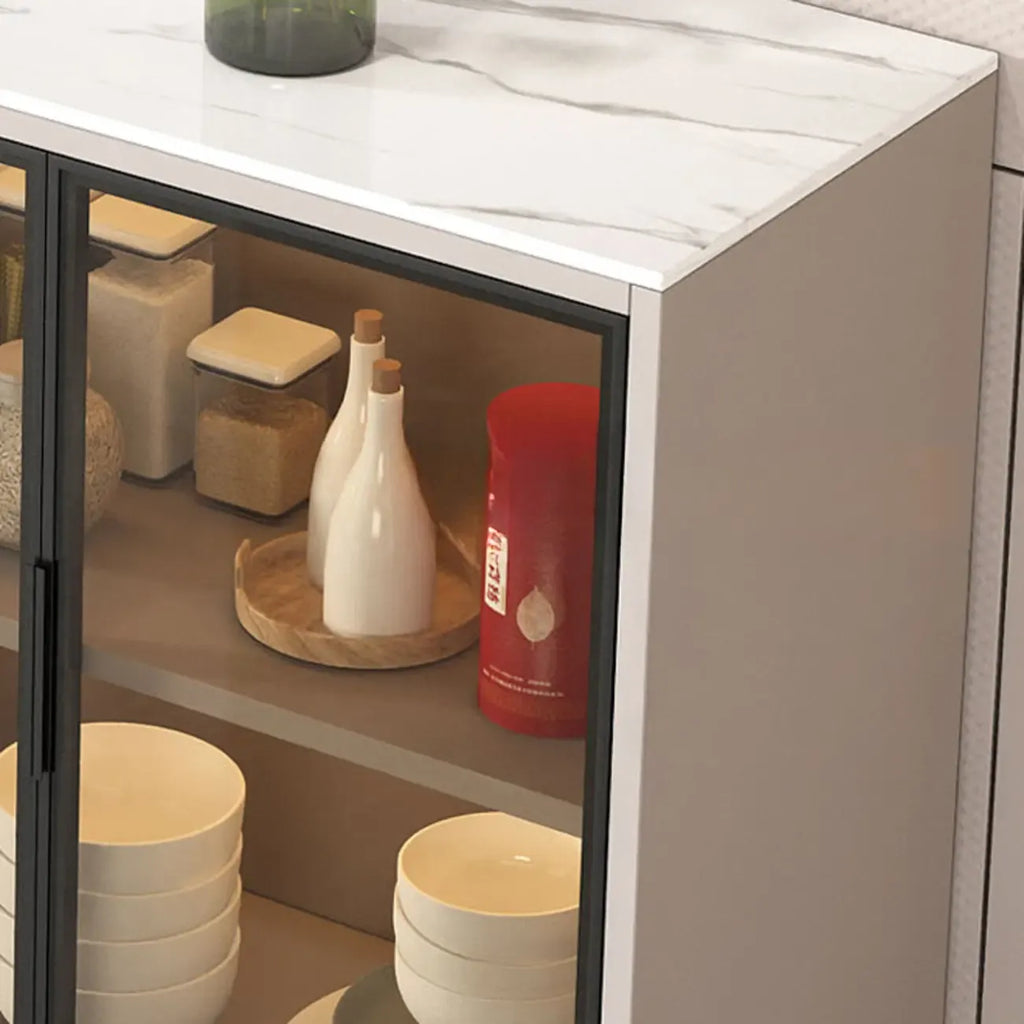 Modern Wood Buffet with Glass Doors Stone Top