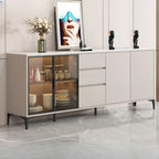 Modern Wood Buffet with Glass Doors Stone Top