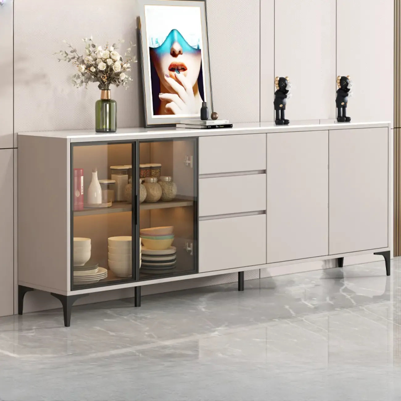 Modern Wood Buffet with Glass Doors Stone Top