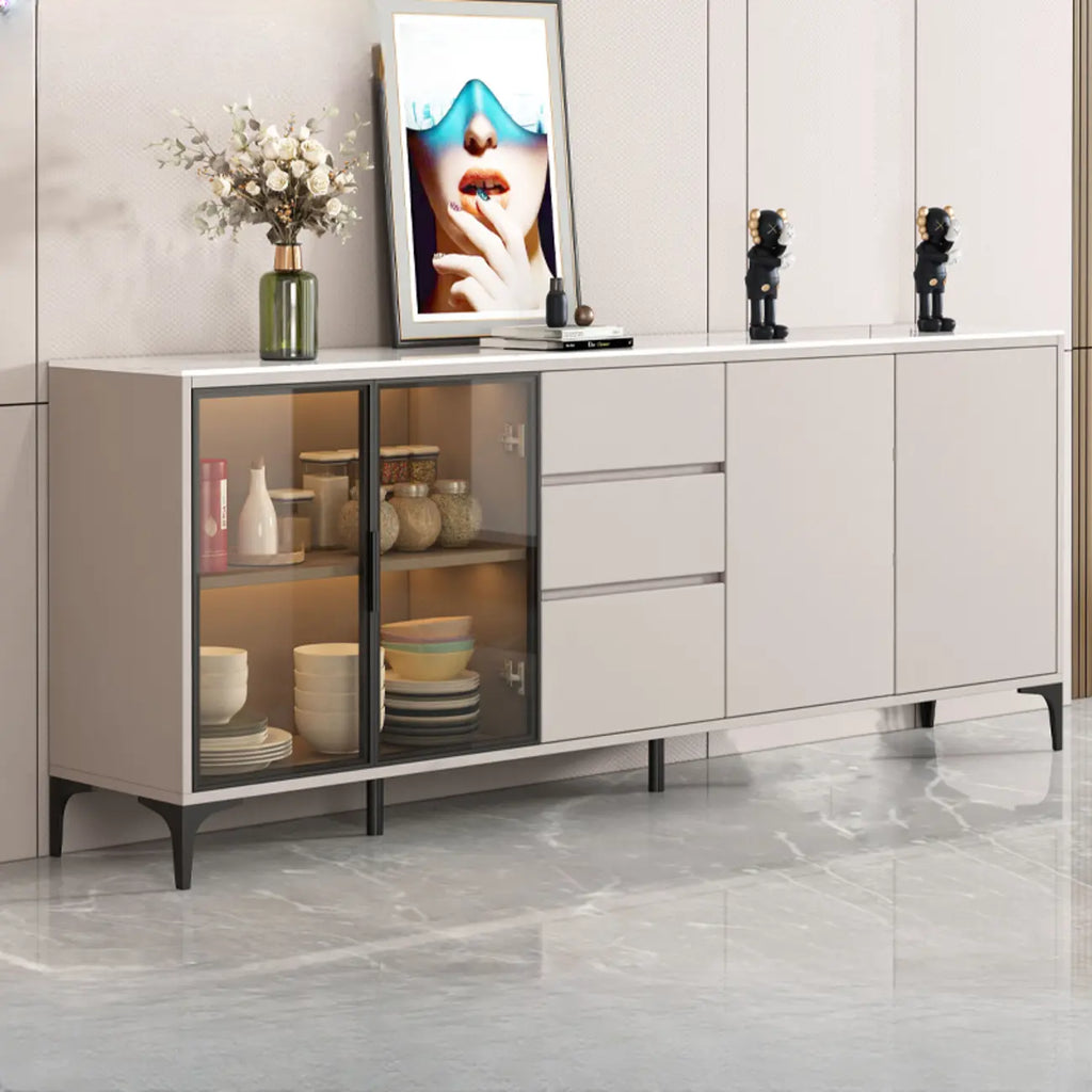 Modern Wood Buffet with Glass Doors Stone Top