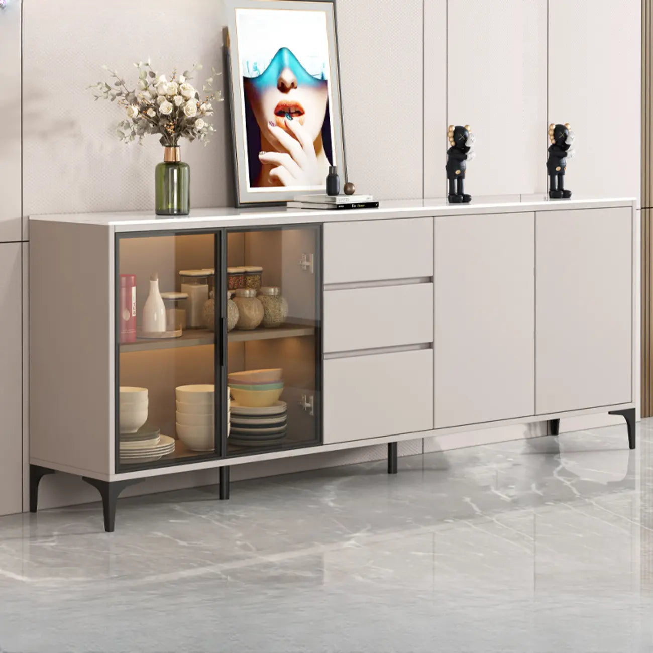 Modern Wood Buffet with Glass Doors Stone Top