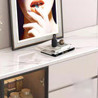 Modern Wood Buffet with Glass Doors Stone Top