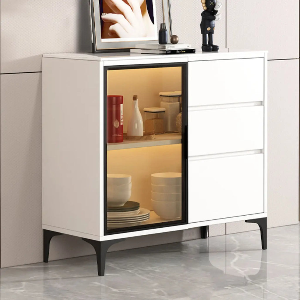 Modern Wood Buffet with Glass Doors Stone Top