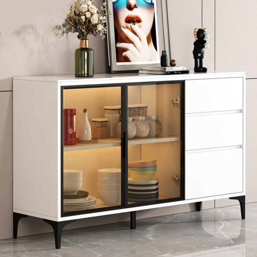Modern Wood Buffet with Glass Doors Stone Top
