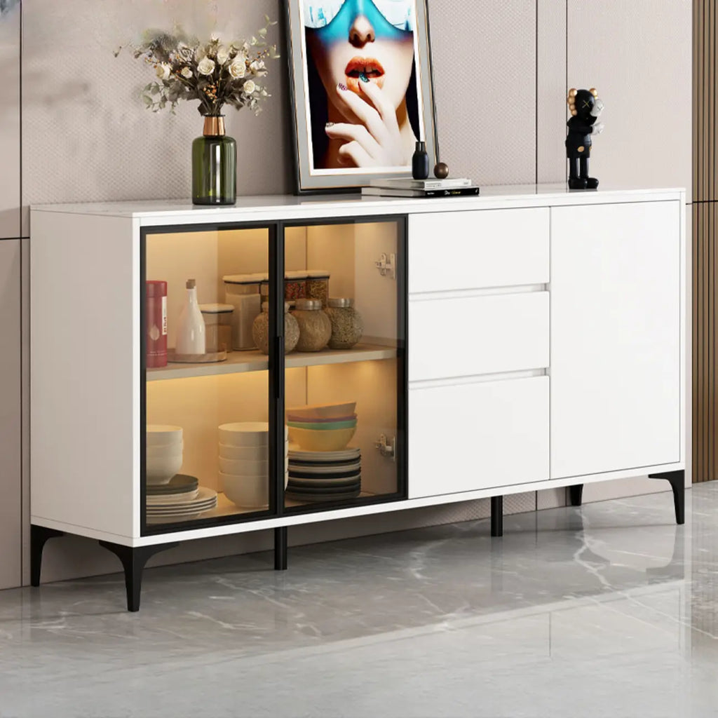 Modern Wood Buffet with Glass Doors Stone Top