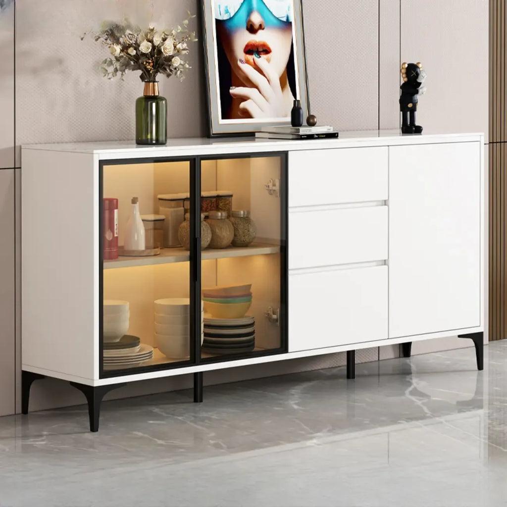 Modern Wood Buffet with Glass Doors Stone Top
