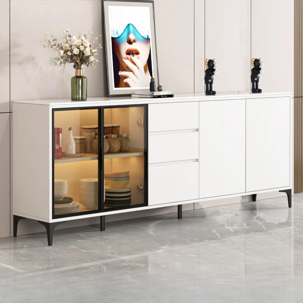 Modern Wood Buffet with Glass Doors Stone Top