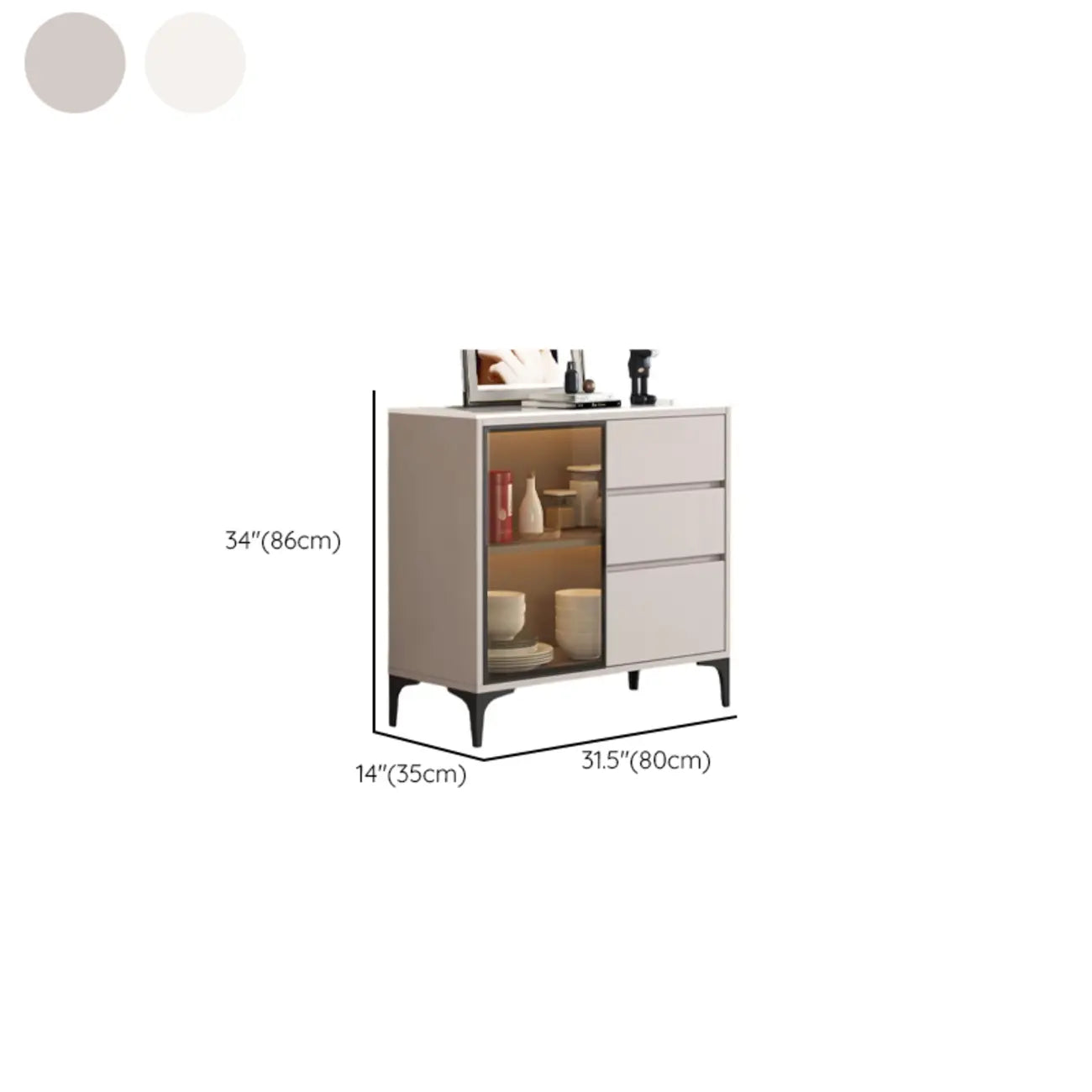 Modern Wood Buffet with Glass Doors Stone Top