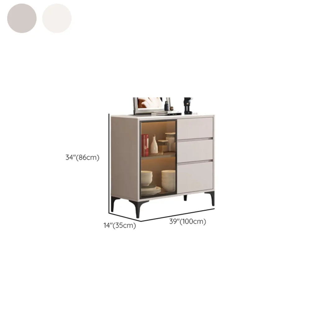 Modern Wood Buffet with Glass Doors Stone Top