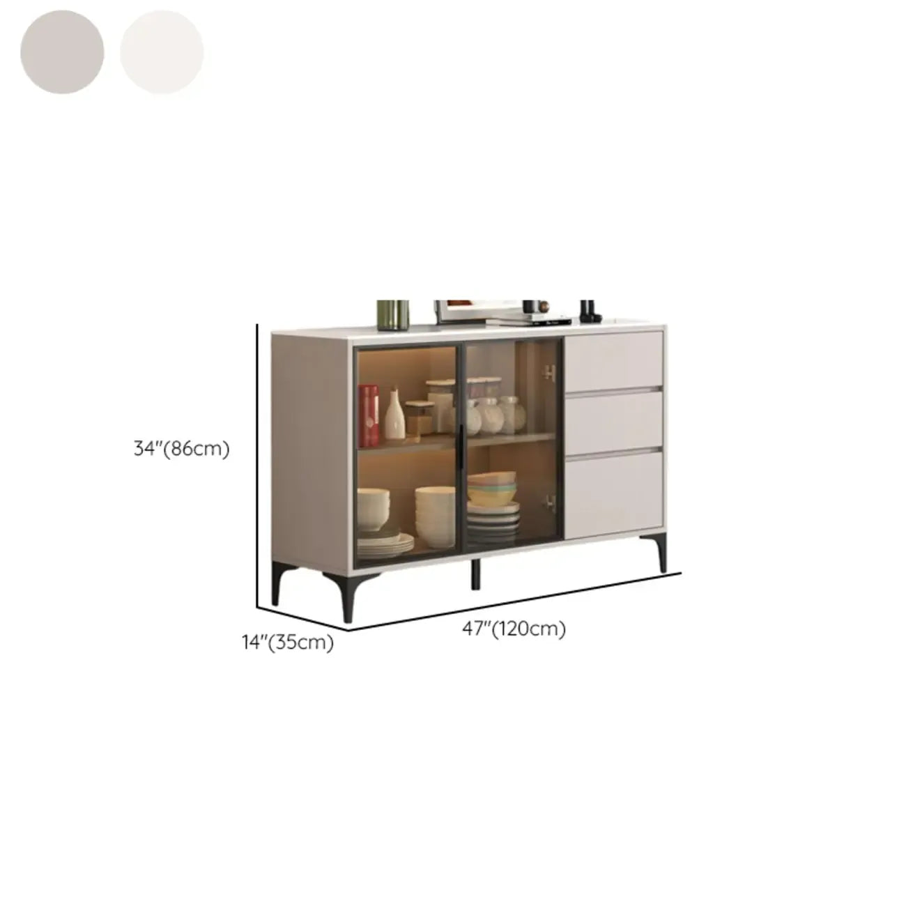 Modern Wood Buffet with Glass Doors Stone Top