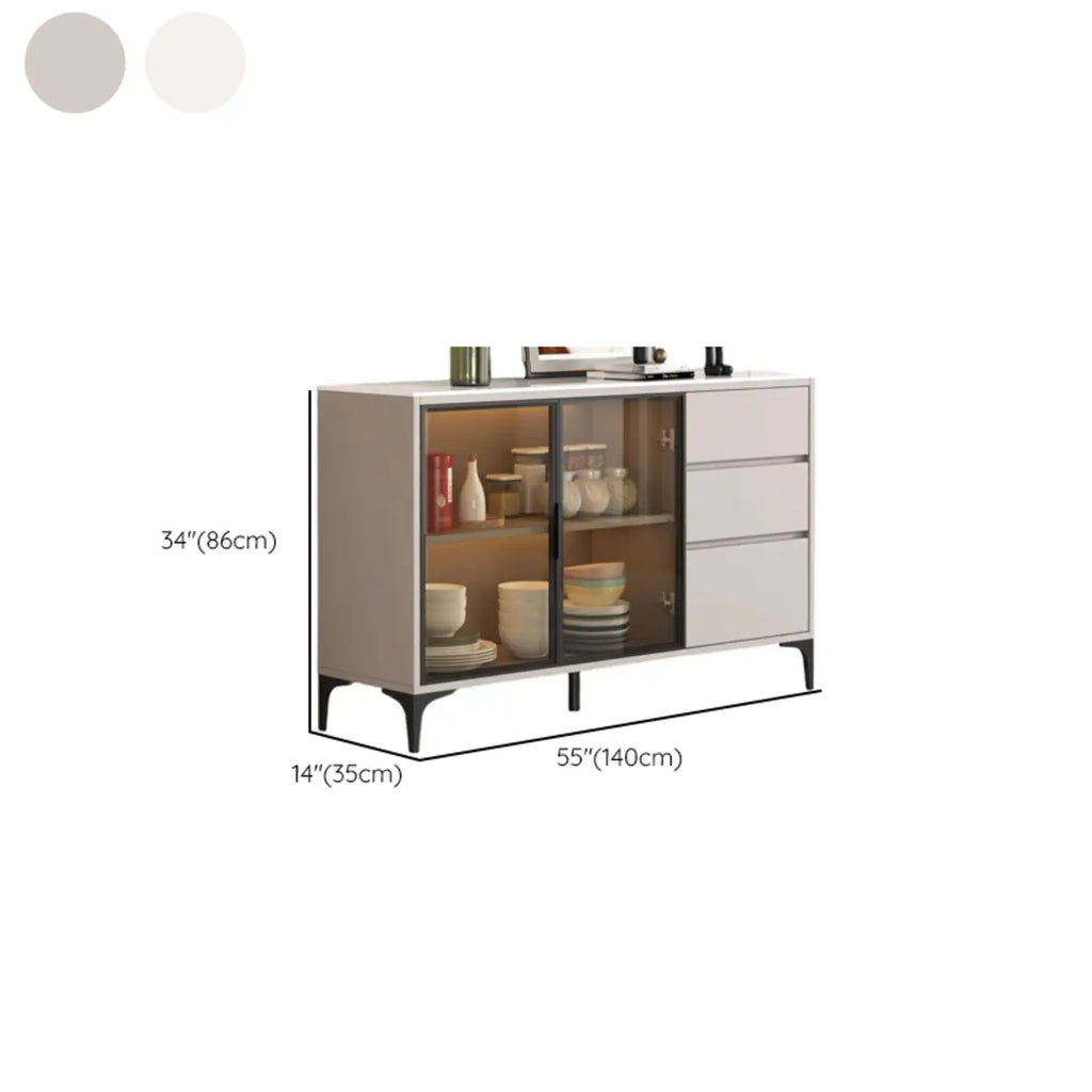 Modern Wood Buffet with Glass Doors Stone Top