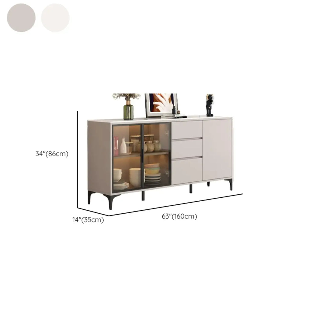 Modern Wood Buffet with Glass Doors Stone Top