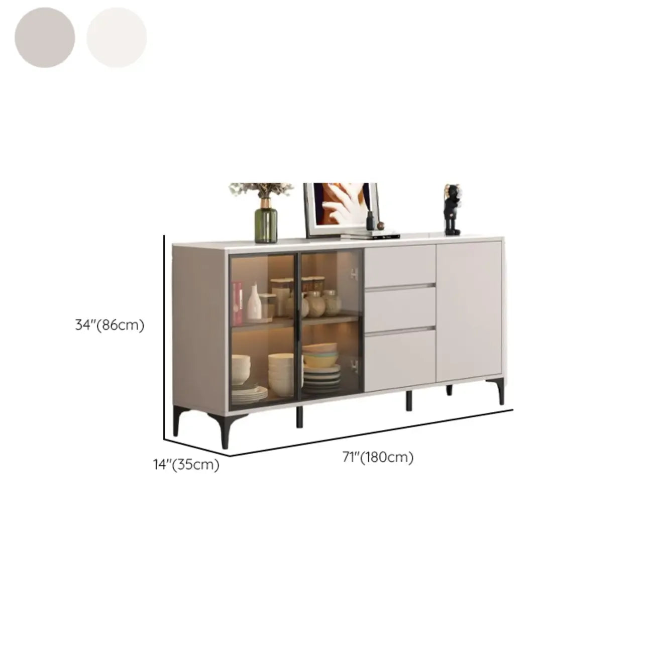 Modern Wood Buffet with Glass Doors Stone Top