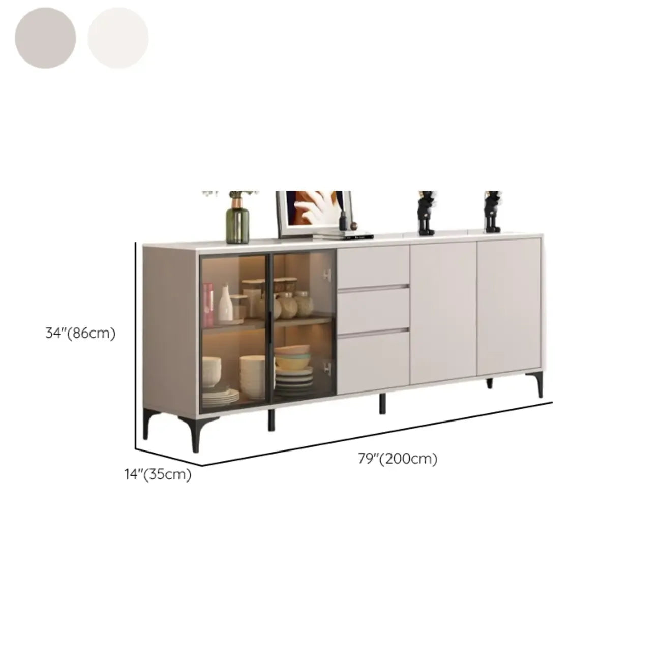 Modern Wood Buffet with Glass Doors Stone Top