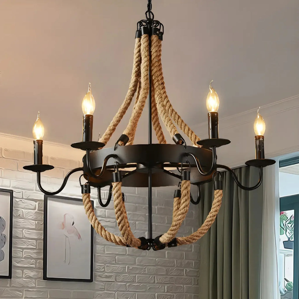 Rustic Farmhouse Rope Large 6-Light Chandelier