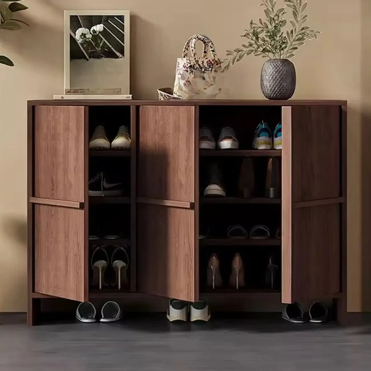 Mid-Century Modern Solid Wood Shoe Storage with 4 Tiers