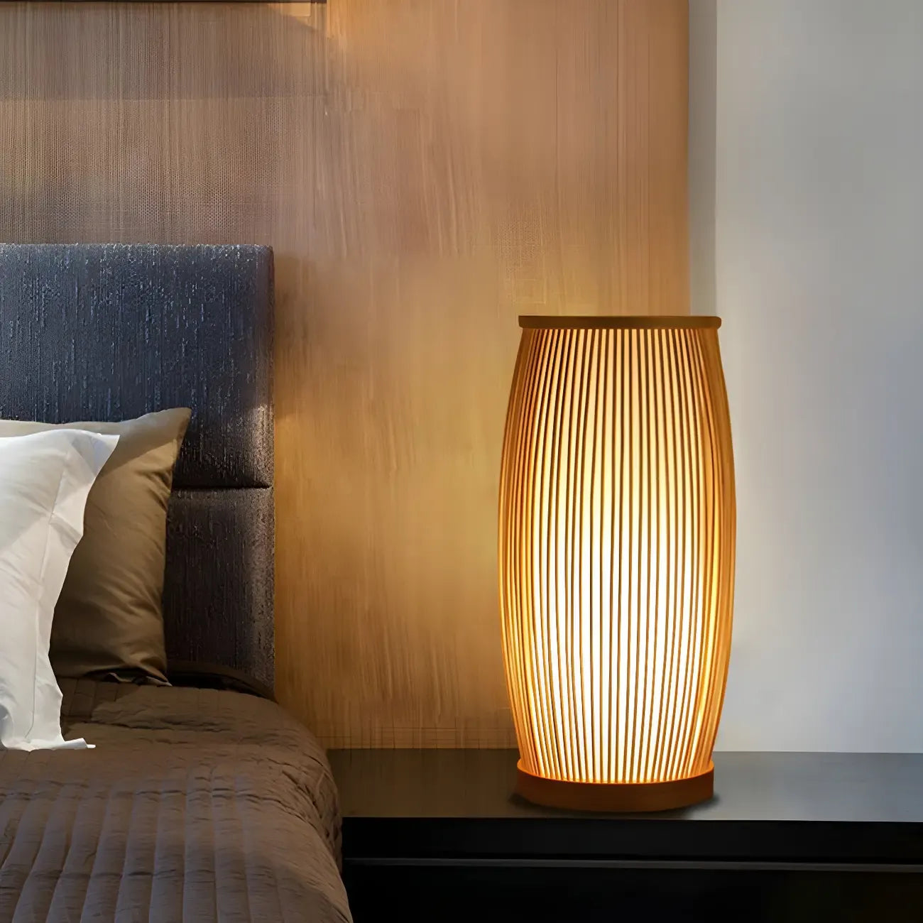 Oriental Beige Rattan Wood LED Table Lamp for Bedroom
