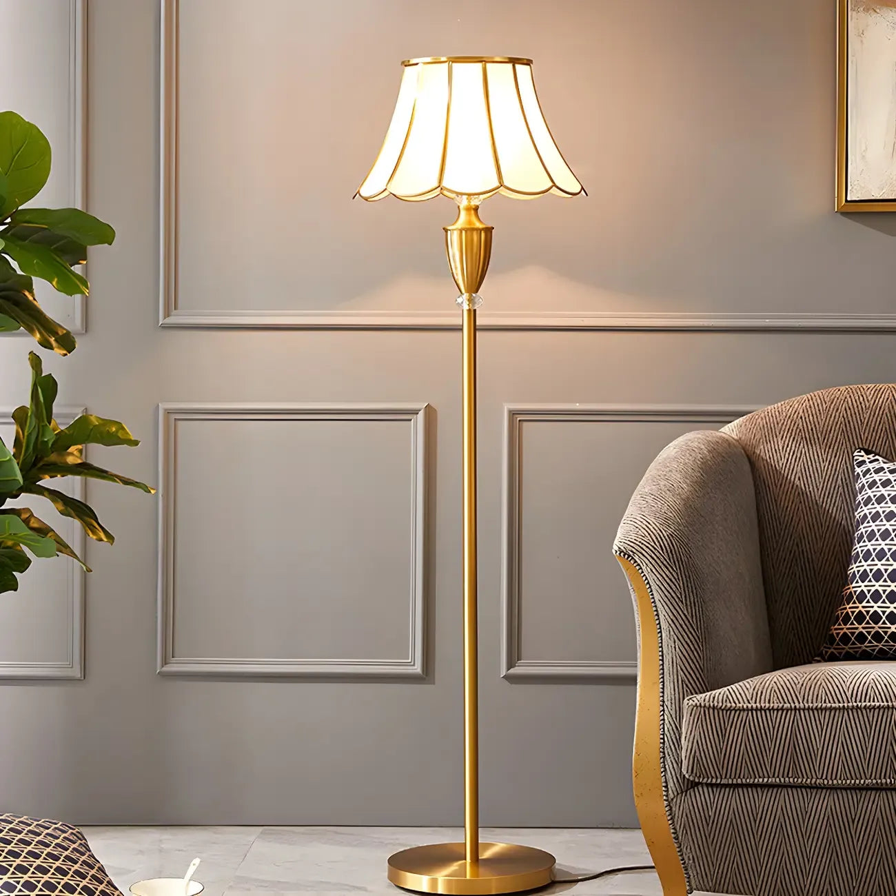 Vintage Scalloped Glass Brass 57 Flared Floor Lamp
