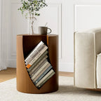 Round Walnut Wood Side Table with Open Storage for Couch
