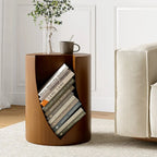 Round Walnut Wood Side Table with Open Storage for Couch