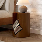 Round Walnut Wood Side Table with Open Storage for Couch
