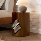 Round Walnut Wood Side Table with Open Storage for Couch