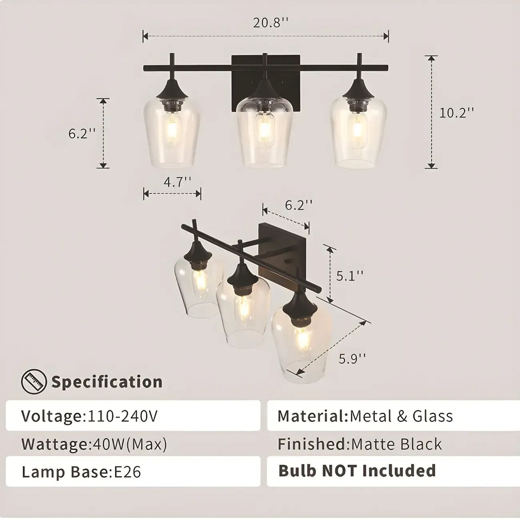 3-Light Industrial Vanity Light Glass Cup Shade LED for Bathroom