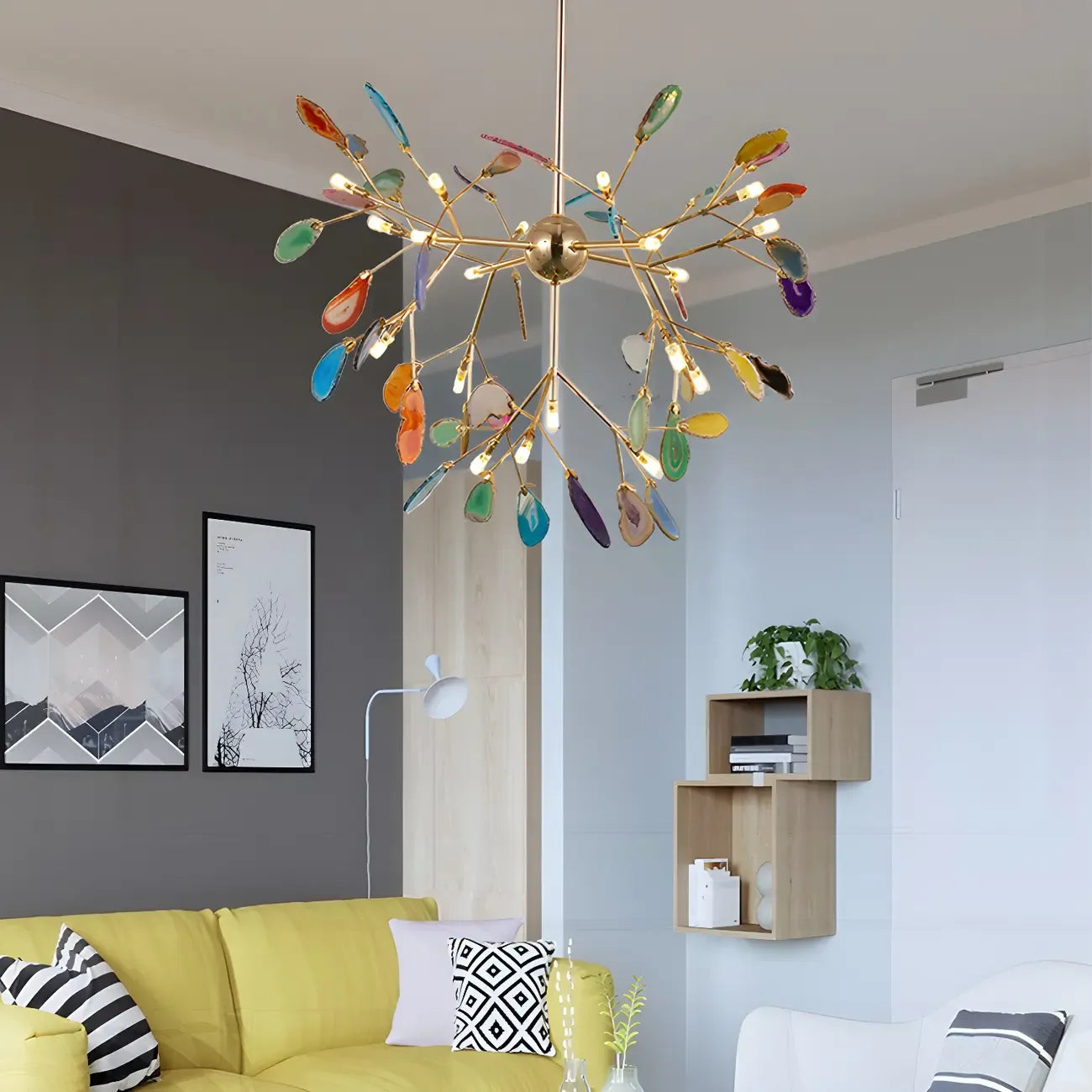Modern Multi-Color Agate Deco Golden Sputnik Chandelier