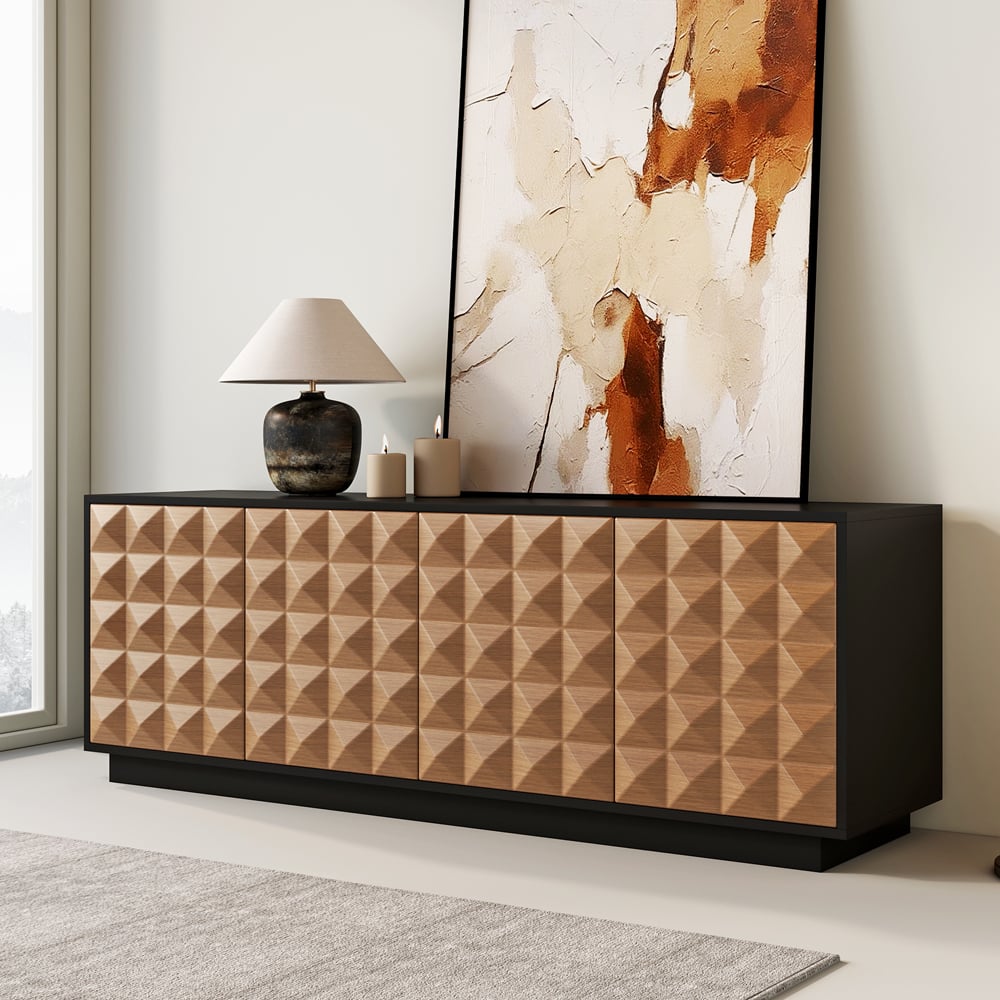 Black & Natural Wooden Fluted Doors TV Stand for 75 Inch TV