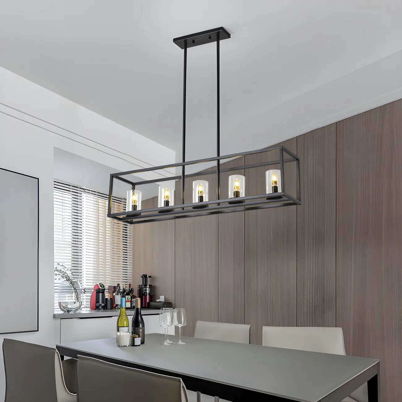 5-Light Industrial Black Glass Island Pendant Light for Kitchen