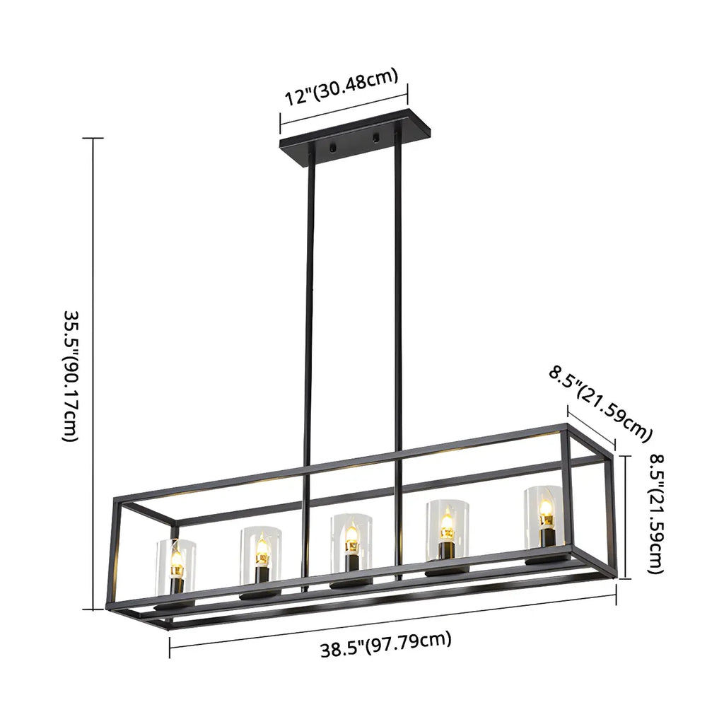5-Light Industrial Black Glass Island Pendant Light for Kitchen